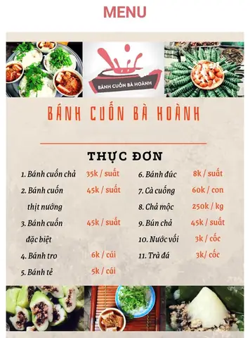 Bánh Cuốn Bà Hoành Menu
